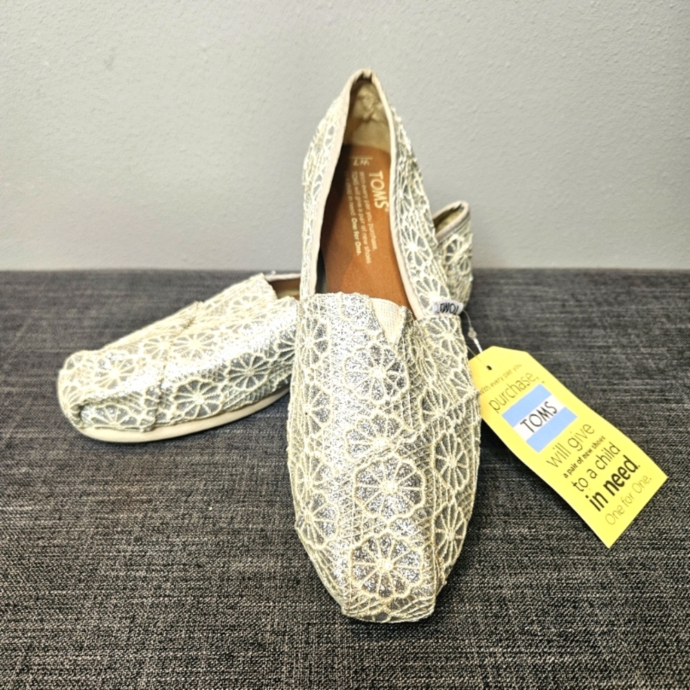 Toms Metallic Lace Slip-On Flats